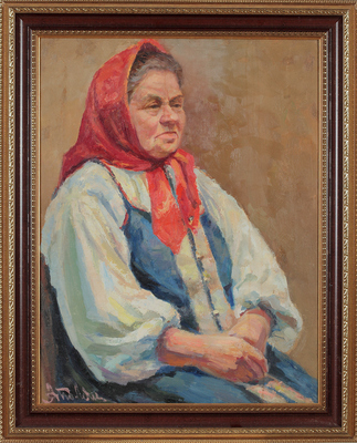 Поляков А.. Женский портрет в красном платке 